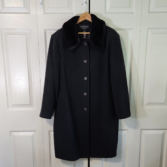 Vintage Centigrade Womens Black Wool Blend Pea Coat Size 1X Faux Fur Collar - Picture 1 of 13